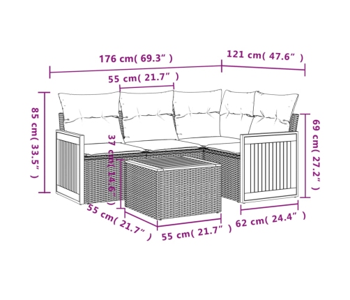 Set de muebles de jardín 5 pzas y cojines ratán sintético negro