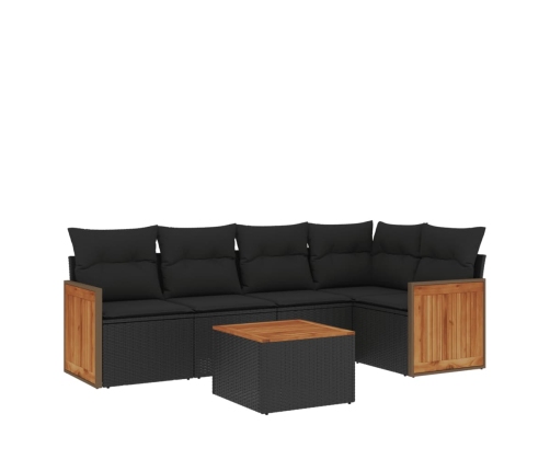 Set de sofás de jardín 6 piezas y cojines ratán sintético negro