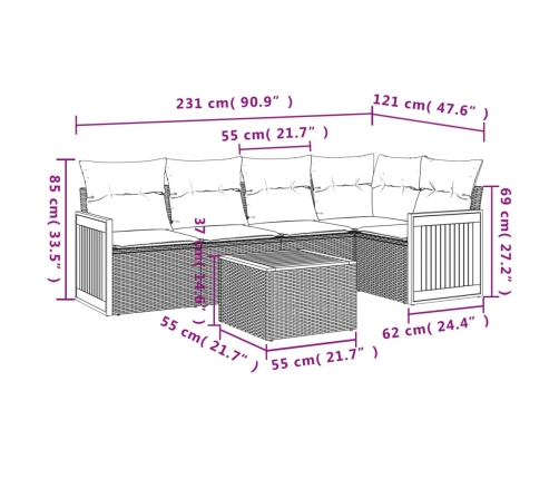 Set de muebles de jardín 6 pzas y cojines ratán sintético gris