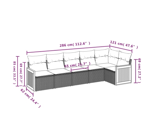 Set de muebles de jardín 6 pzas y cojines ratán sintético gris