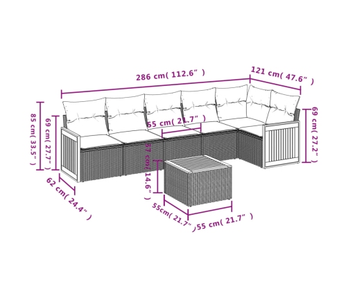 Set de comedor de jardín 7 pzas y cojines ratán sintético negro
