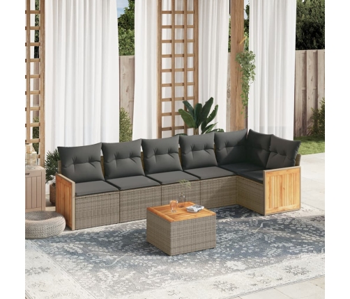 Set de sofás de jardín 7 piezas con cojines ratán PE gris