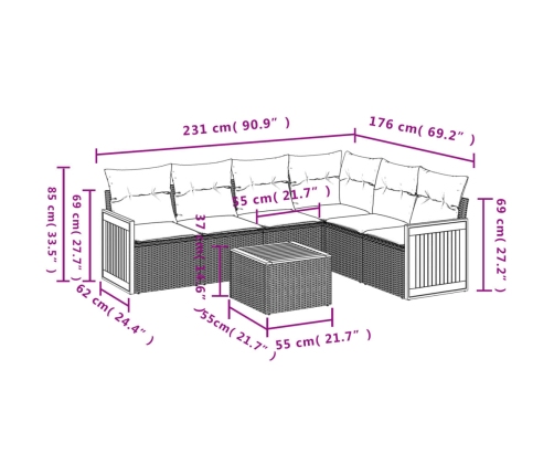 Set sofás de jardín 7 piezas y cojines ratán sintético beige