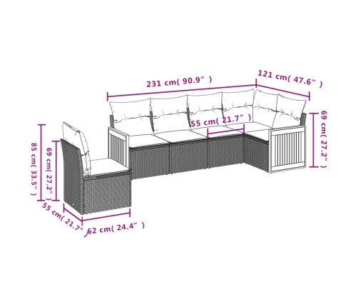 Set de muebles de jardín 6 pzas y cojines ratán sintético gris