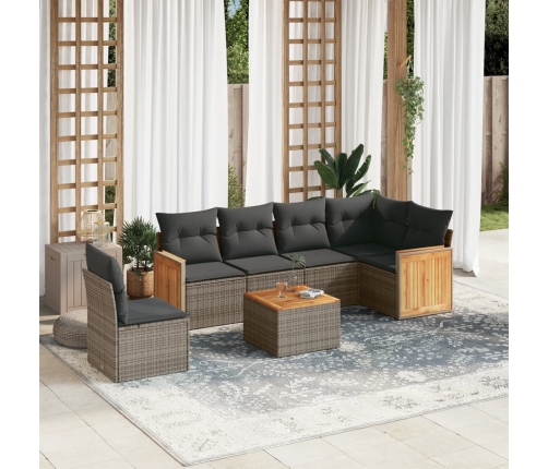 Set de sofás de jardín 7 piezas con cojines ratán PE gris