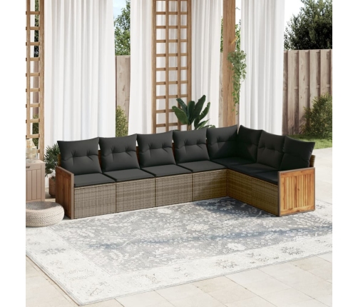 Set de sofás de jardín 7 piezas con cojines ratán PE gris