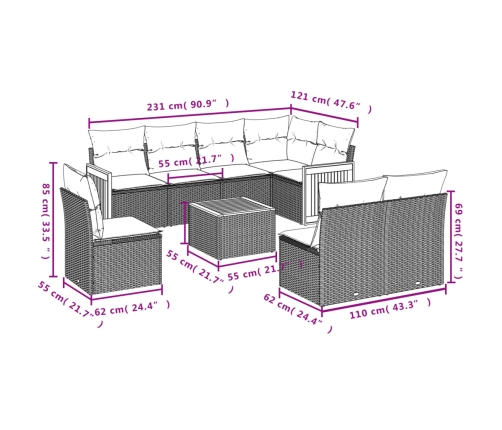 Set de sofás de jardín 9 pzas con cojines ratán sintético beige