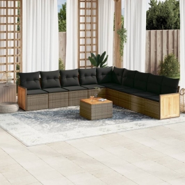 Set de sofás de jardín 10 pzas con cojines ratán sintético gris