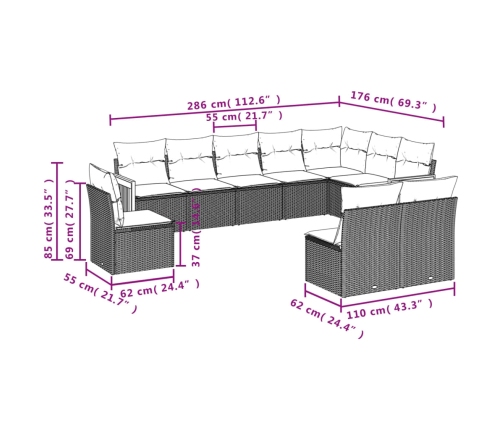Set de sofás de jardín 10 pzas cojines ratán sintético negro