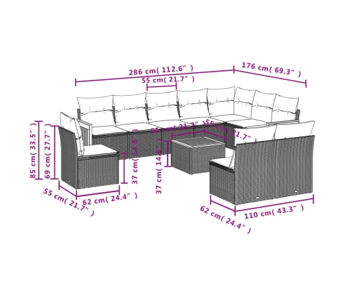 Set de sofás de jardín 11pzas con cojines ratán sintético beige