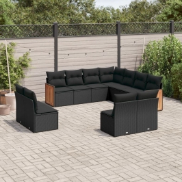 Set de sofás de jardín 11 pzas y cojines ratán sintético negro