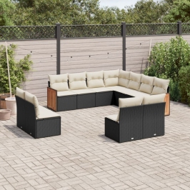 Set de sofás de jardín 11 pzas y cojines ratán sintético negro