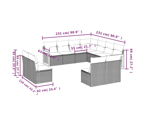 Set de sofás de jardín 11pzas con cojines ratán sintético beige