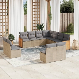 Set de sofás de jardín 11pzas con cojines ratán sintético beige
