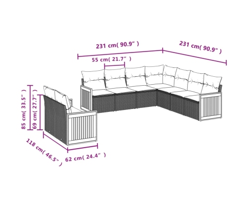 Set de sofás de jardín 8 piezas y cojines ratán sintético negro