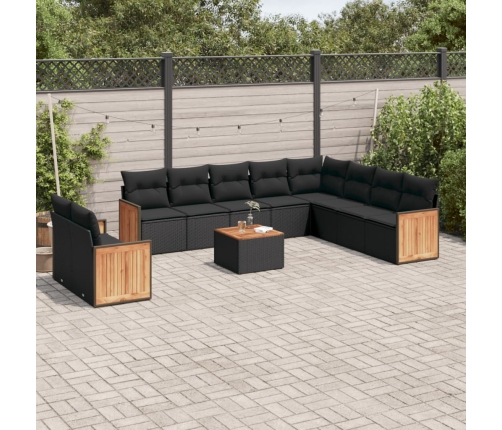 Set de sofás de jardín 11 pzas y cojines ratán sintético negro
