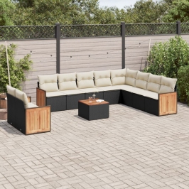 Set de sofás de jardín 11 pzas y cojines ratán sintético negro