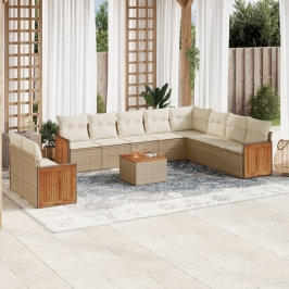 Set de sofás de jardín 11pzas con cojines ratán sintético beige