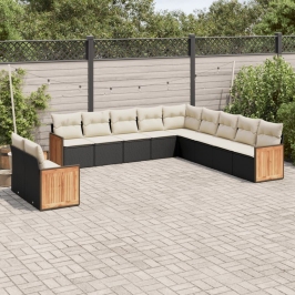 Set de sofás de jardín 11 pzas y cojines ratán sintético negro