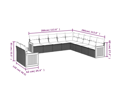 Set de sofás de jardín 11pzas con cojines ratán sintético beige