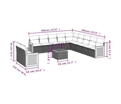 Set de sofás de jardín 12 pzas y cojines ratán sintético marrón