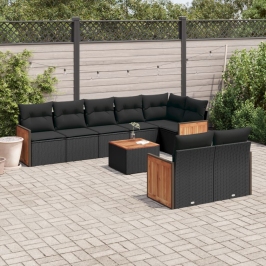Set de sofás de jardín 8 piezas y cojines ratán sintético negro