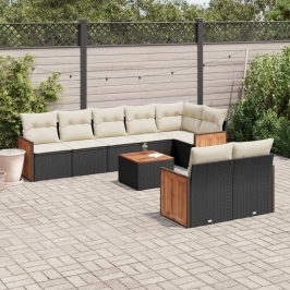 Set de sofás de jardín 8 piezas y cojines ratán sintético negro