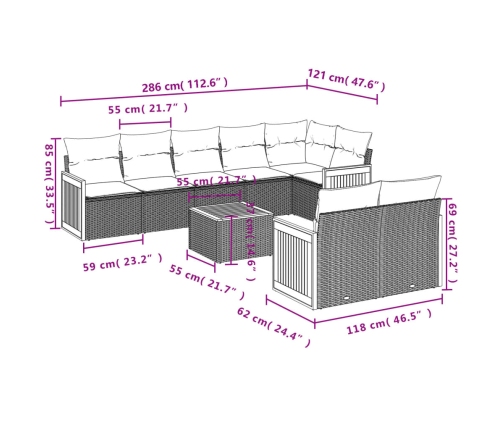 Set de muebles de jardín 9 pzas y cojines ratán sintético gris