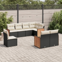 Set de sofás de jardín 8 piezas y cojines ratán sintético negro