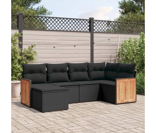 Set de sofás de jardín 6 piezas y cojines ratán sintético negro