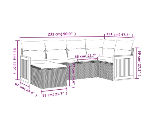 Set de muebles de jardín 6 pzas y cojines ratán sintético gris
