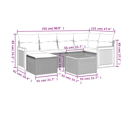 Set de comedor de jardín 7 pzas y cojines ratán sintético negro