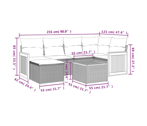 Set de comedor de jardín 7 pzas y cojines ratán sintético negro
