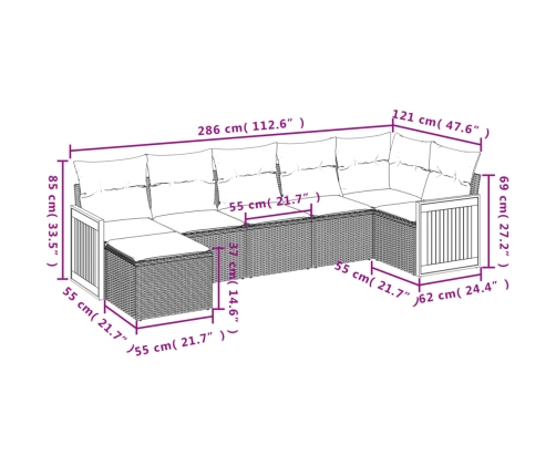 Set de comedor de jardín 7 pzas y cojines ratán sintético negro
