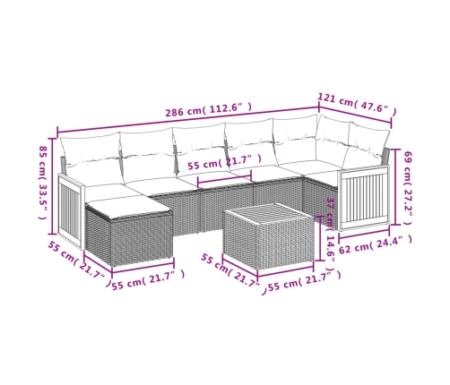 Set de sofás de jardín 8 pzas y cojines ratán sintético gris