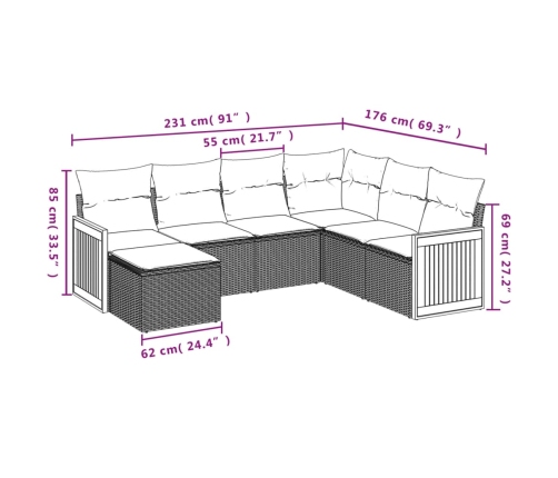 Set de comedor de jardín 7 pzas y cojines ratán sintético negro
