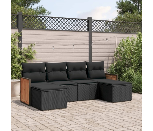Set de sofás de jardín 6 piezas y cojines ratán sintético negro