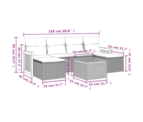 Set de comedor de jardín 7 pzas y cojines ratán sintético negro