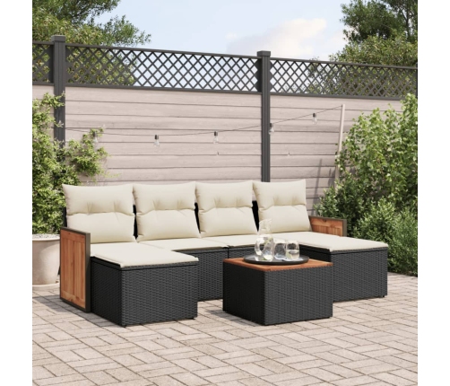 Set de comedor de jardín 7 pzas y cojines ratán sintético negro
