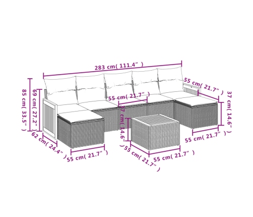 Set de sofás de jardín 8 pzas y cojines ratán sintético gris