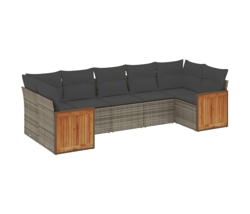 Set de sofás de jardín 7 piezas con cojines ratán PE gris