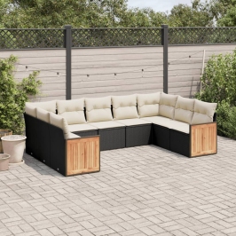 Set de sofás de jardín 8 piezas y cojines ratán sintético negro