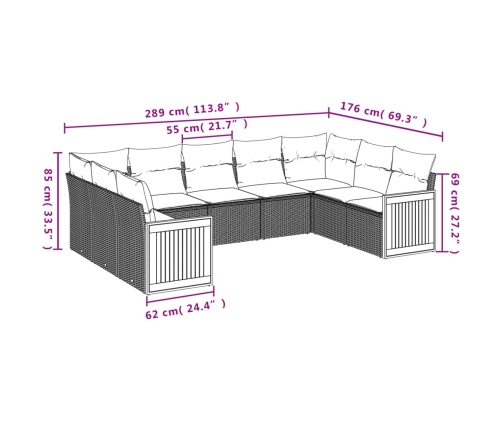 Set de muebles de jardín 9 pzas y cojines ratán sintético gris