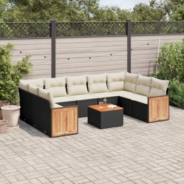 Set de sofás de jardín 10 pzas cojines ratán sintético negro