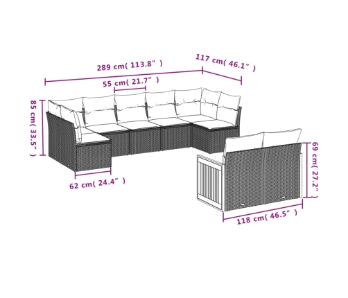 Set de sofás de jardín 9 pzas con cojines ratán sintético beige