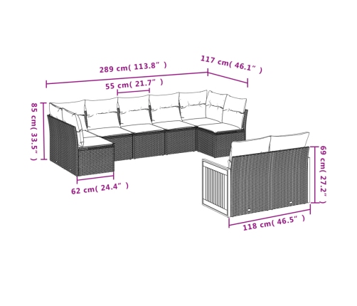 Set de muebles de jardín 9 pzas y cojines ratán sintético gris