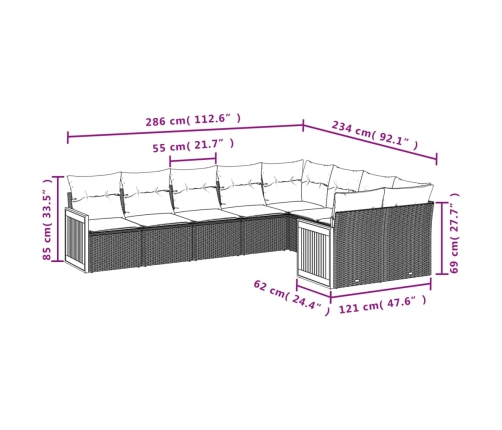 Set de muebles de jardín 9 pzas y cojines ratán sintético gris