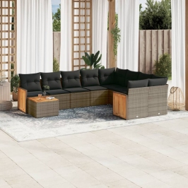 Set de sofás de jardín 10 pzas con cojines ratán sintético gris