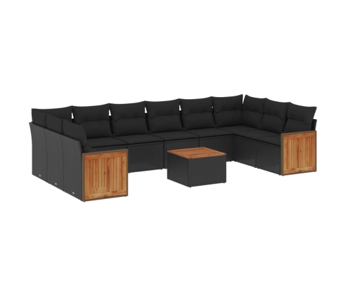 Set de sofás de jardín 11 pzas y cojines ratán sintético negro