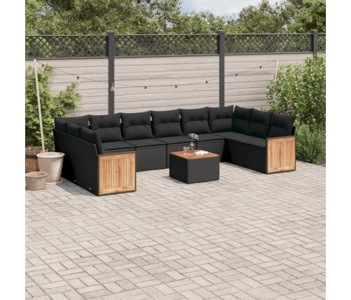 Set de sofás de jardín 11 pzas y cojines ratán sintético negro